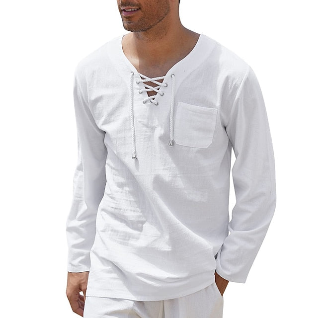 Men's Linen Shirt Summer Shirt Casual Shirt Beach Shirt White Navy Blue Gray Long Sleeve Solid Color V Neck Summer Spring Outdoor Street Clothing Apparel Drawstring