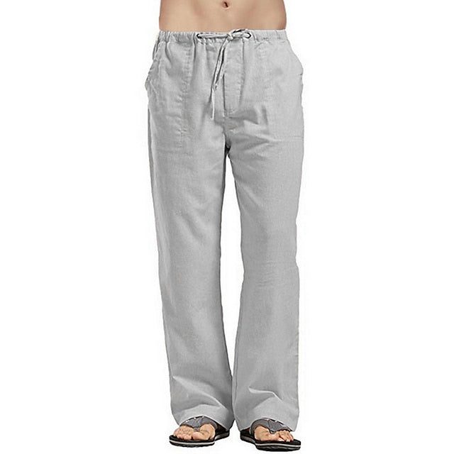 Men's Linen Pants Trousers Summer Pants Beach Pants Pocket Drawstring Elastic Waistband Plain Comfort Breathable Full Length Daily Streetwear Linen / Cotton Blend Fashion Casual / Sporty Loose Fit