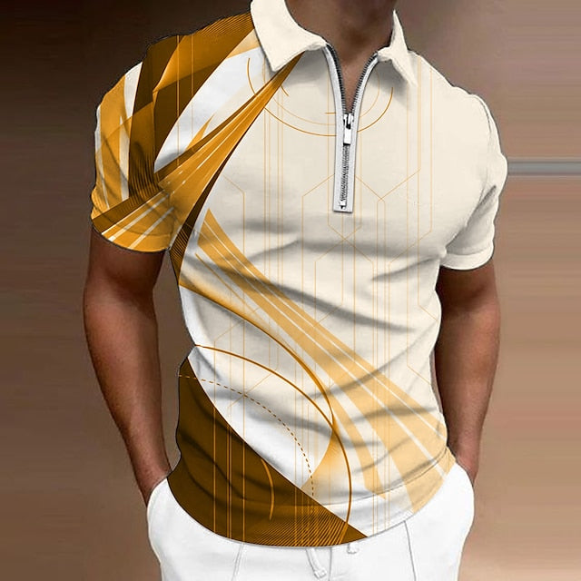 Men's Polo Shirt Golf Shirt Linear Turndown Yellow Army Green Red Royal Blue Blue 3D Print Casual Daily Short Sleeve Zipper Print Clothing Apparel Fashion Designer Casual Breathable