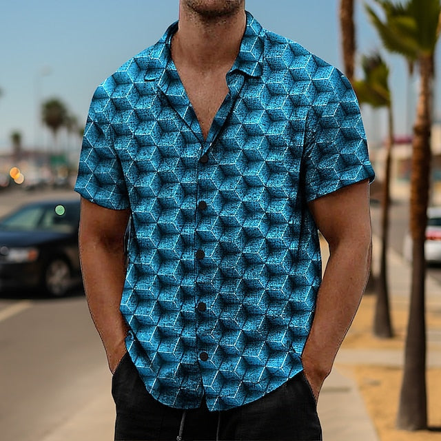 Men's Shirt Linen Shirt Optical Illusion Graphic Prints Geometry Turndown Blue Orange Outdoor Street Short Sleeves Print Clothing Apparel Linen Fashion Designer Casual Soft