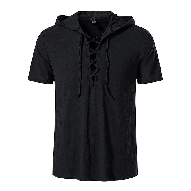 Men's Summer Shirt Beach Shirt Black White Navy Blue Short Sleeve Plain Hooded Summer Spring Outdoor Street Clothing Apparel Lace up