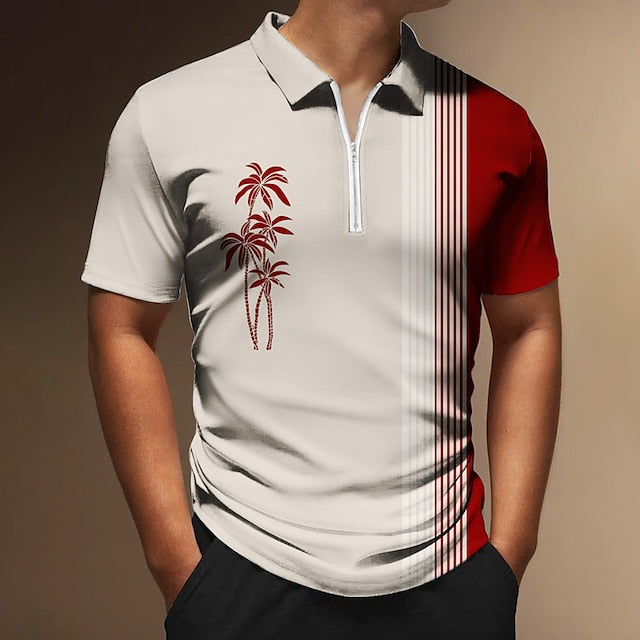 Men's Zip Polo Polo Shirt Golf Shirt Coconut Tree Striped Graphic Prints Geometry Turndown Black White Yellow Army Green Red Outdoor Street Short Sleeves Zipper Print Clothing Apparel Fashion