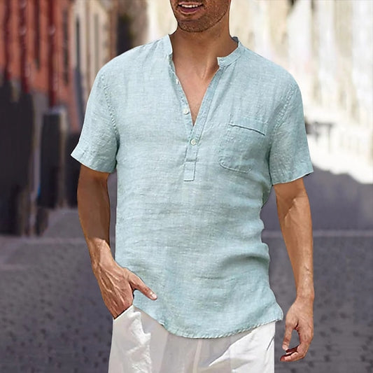 Men's Linen Shirt Summer Shirt Beach Shirt Light Blue Black Green Short Sleeve Solid Color Stand Collar Street Daily Clothing Apparel