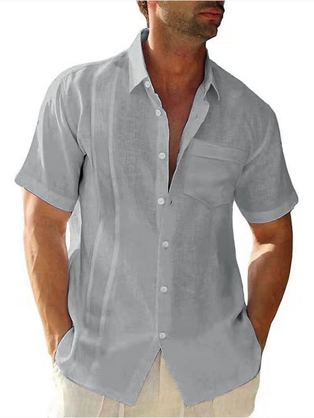 Men's Guayabera Shirt Linen Shirt Summer Shirt Beach Shirt Black White Light Blue Short Sleeve Plain Turndown Summer Outdoor Street Clothing Apparel Button-Down