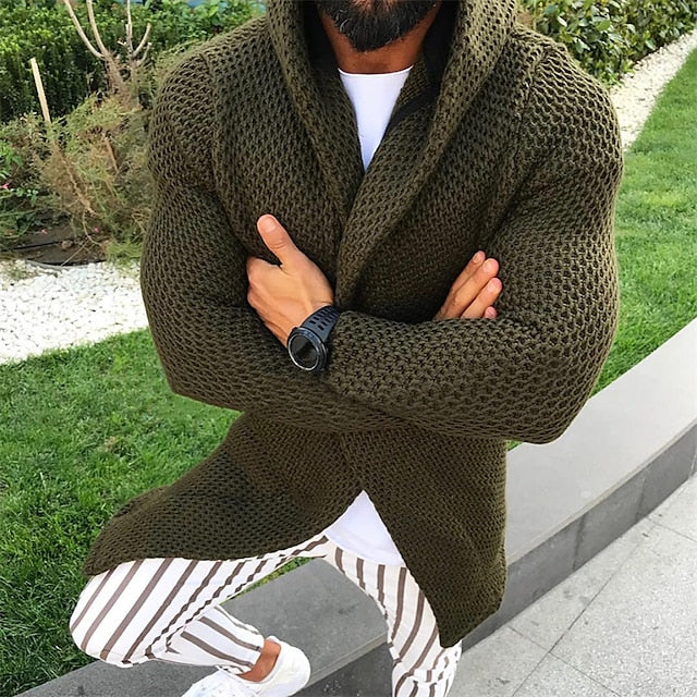 Men's Sweater Cardigan Sweater Ribbed Knit Cropped Knitted Hooded Going out Weekend Clothing Apparel Winter Fall White Army Green S M L