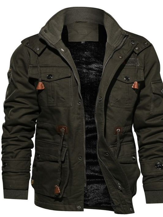 Men's Winter Jacket Winter Coat Work Jacket Street Causal Warm Vintage Style Fall Winter Solid Color Cotton ArmyGreen Black khaki Jacket