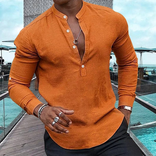 Men's Shirt Linen Shirt Popover Shirt Casual Shirt Summer Shirt Beach Shirt Black White Pink Long Sleeve Plain Henley Spring & Summer Casual Daily Clothing Apparel