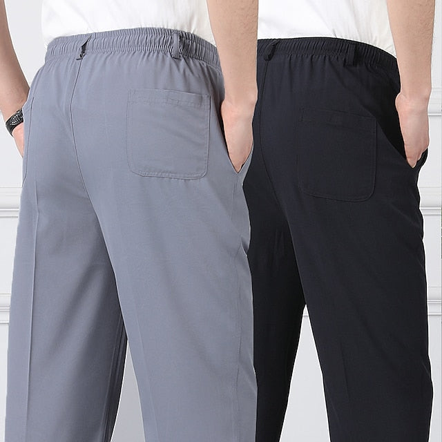 Men's Dress Pants Trousers Casual Pants Pocket Elastic Waist Solid Color Comfort Breathable Full Length Daily Stylish Classic Style Black Navy Blue Micro-elastic