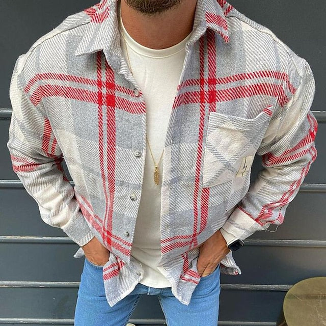 Men's Shirt Flannel Shirt Shirt Jacket Shacket Dark Gray+Red Purple Green Long Sleeve Plaid / Check Turndown Spring &  Fall Street Daily Clothing Apparel Button-Down