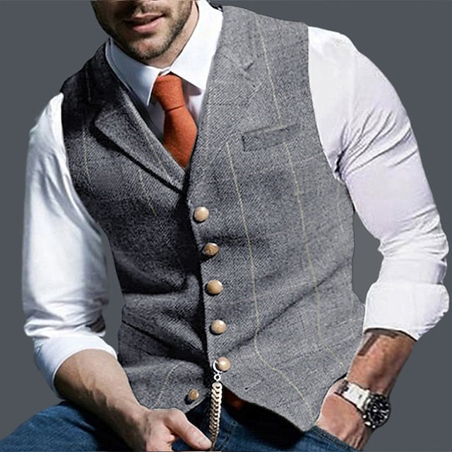 Foruwish - Men's Vest Waistcoat Daily Wear Vacation Fashion Vintage Spring &  Fall Button Polyester Comfortable Plain Single Breasted V Neck Regular Fit Deep Green Gray Green Navy Leaf Dark Gray Light Grey Vest