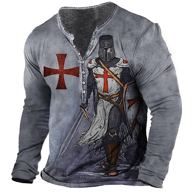 Men's T shirt Tee Henley Shirt Tee Vintage Shirt Graphic Templar Cross Soldier Spring &  Fall Outdoor Daily Sports Designer Basic Classic Henley Long Sleeve Clothing Apparel 3D Print Red Purple Brown