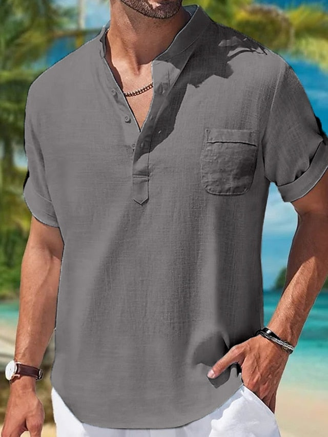 Men's Linen Shirt Summer Shirt Beach Shirt White Blue Khaki Short Sleeve Plain Standing Collar Spring & Summer Hawaiian Holiday Clothing Apparel Basic