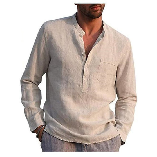 Men's Linen Shirt Shirt Summer Shirt Beach Shirt Light Blue Black White Long Sleeve Solid Color Collar Street Hawaiian Clothing Apparel