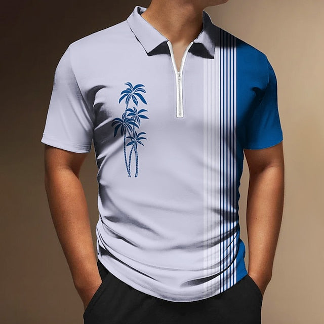 Men's Zip Polo Polo Shirt Golf Shirt Coconut Tree Striped Graphic Prints Geometry Turndown Black White Yellow Army Green Red Outdoor Street Short Sleeves Zipper Print Clothing Apparel Fashion