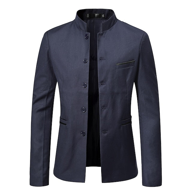 Men's Jacket Blazer Wedding Party / Evening Breathable Classic Style Spring Fall Solid Color Business Casual Stand Collar Regular Regular Fit Black Wine Navy Blue Jacket
