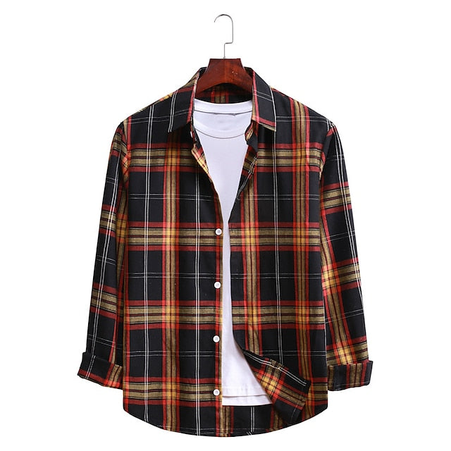 Men's Flannel Shirt Black / Red Black / Gray Black Long Sleeve Plaid / Check Turndown Spring &  Fall Street Daily Clothing Apparel Button-Down