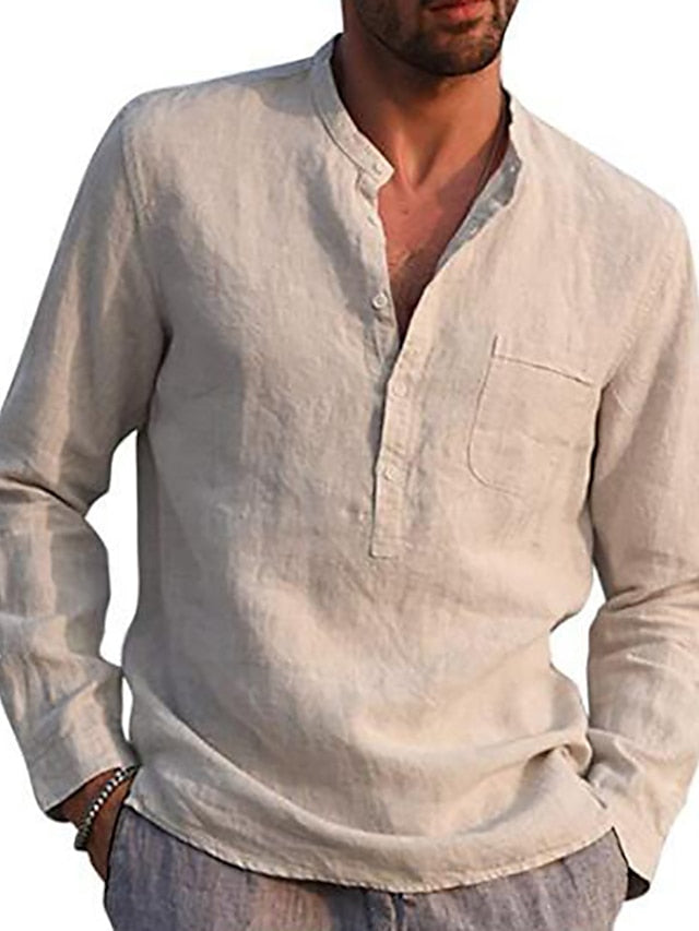 Men's Linen Shirt Summer Shirt Beach Shirt Black White Wine Long Sleeve Solid Color Henley Spring &  Fall Daily Hawaiian Clothing Apparel collared shirts