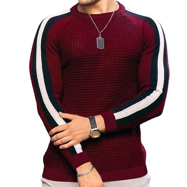Men's Sweater Pullover Sweater Jumper Waffle Knit Cropped Knitted Stripe Crewneck Keep Warm Causal Clothing Apparel Fall & Winter Black Khaki S M L
