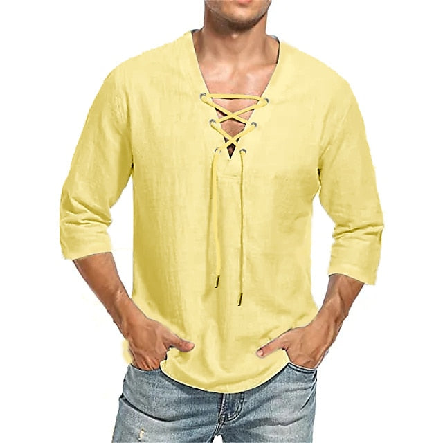 Men's Linen Shirt Shirt Summer Shirt Beach Shirt Black White Yellow 3/4 Length Sleeve Solid Color V Neck Summer Spring &  Fall Party Outdoor Clothing Apparel Button-Down