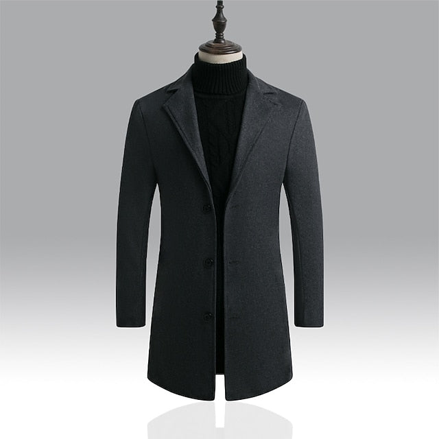 Men's Overcoat Winter Coat Business Casual Fall Wool Clothing Apparel Basic Solid Colored Stand Collar Single Breasted Outerwear