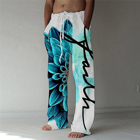 Men's Trousers Summer Pants Beach Pants Elastic Drawstring Design Front Pocket Straight Leg Graphic Prints Flower / Floral Comfort Soft Casual Daily For Vacation Fashion Designer Yellow Navy Blue