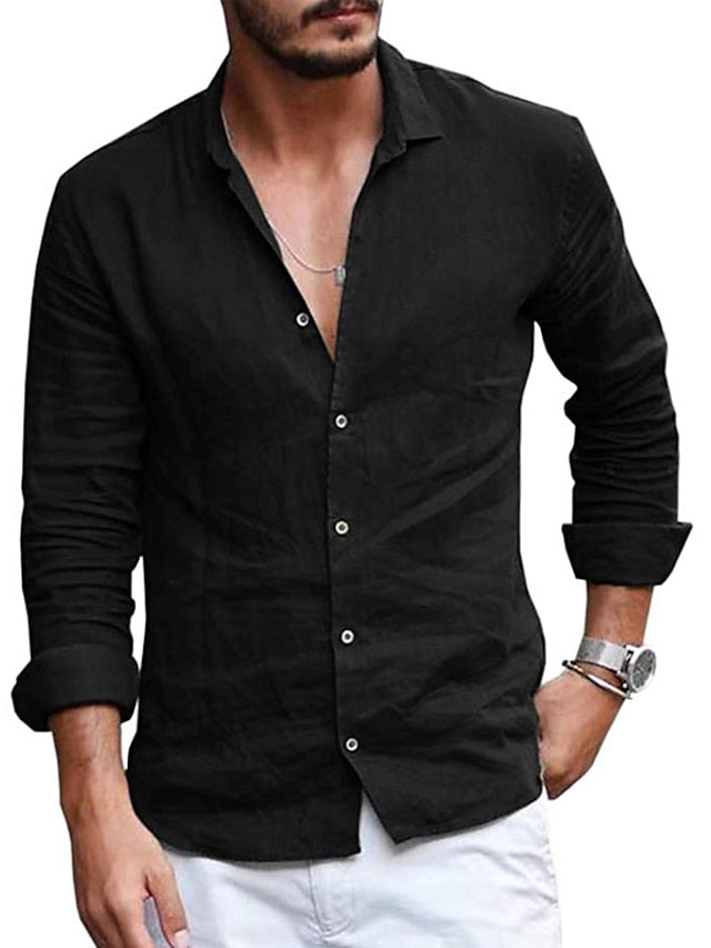 Men's Linen Shirt Button Up Shirt Summer Shirt Casual Shirt Black White Dark Blue Long Sleeve Plain Camp Collar Spring & Summer Casual Daily Clothing Apparel