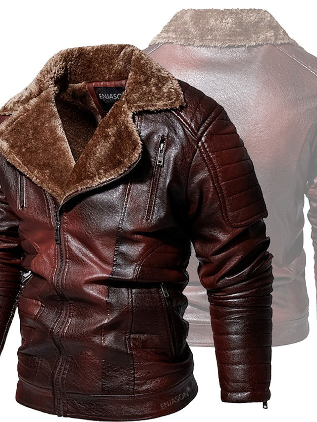 Men's Faux Leather Jacket Motorcycle Jacket Daily Wear Club Warm Faux Fur Trim Winter Plain Casual Lapel Thick Regular Faux Leather Loose Fit Black Brown Coffee Jacket