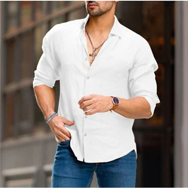 Men's Linen Shirt Shirt Summer Shirt Beach Shirt White Brown Light Blue Long Sleeve Plain Turndown Summer Spring Outdoor Street Clothing Apparel Button-Down