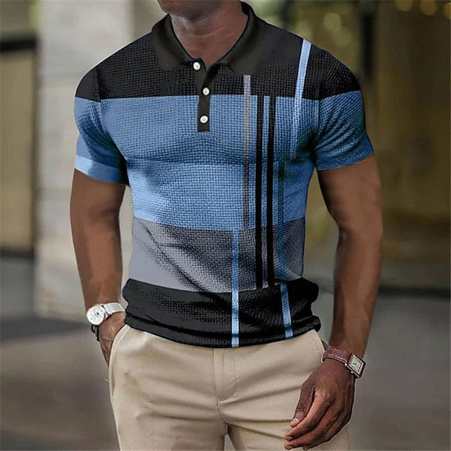Men's Polo Shirt Golf Shirt Waffle Polo Shirt Striped Graphic Prints Geometry Turndown Black Yellow Pink Red Blue 3D Print Outdoor Street Short Sleeves Button-Down Print Clothing Apparel Fashion