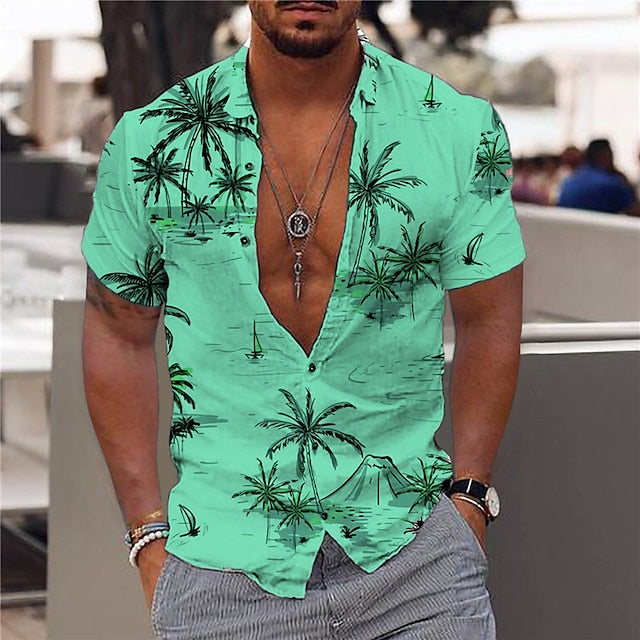 Men's Shirt Summer Hawaiian Shirt Graphic Shirt Aloha Shirt Coconut Tree Turndown Light Yellow Green Blue Purple Yellow Print Outdoor Street Short Sleeve Button-Down Print Clothing Apparel Fashion