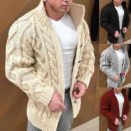 Men's Sweater Cardigan Cable Knit Knitted Solid Color Stand Collar Stylish Casual Outdoor Home Clothing Apparel Fall Winter Black Red M L XL