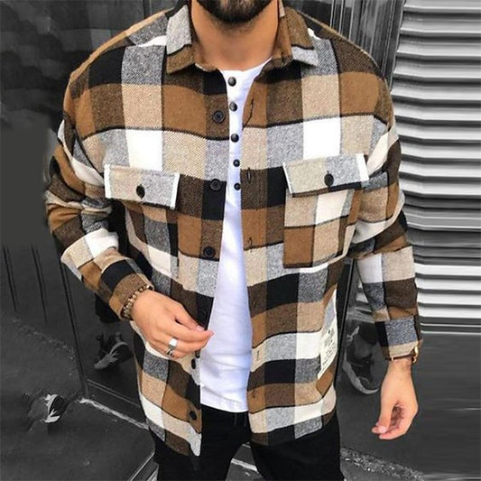 Men's Shirt Jacket Shacket Overshirt Blue Green Coffee Long Sleeve Plaid / Check Turndown Spring &  Fall Street Daily Clothing Apparel Button-Down