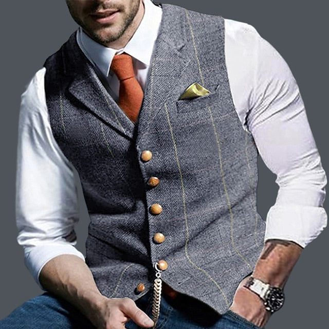 Foruwish - Men's Vest Waistcoat Daily Wear Vacation Fashion Vintage Spring &  Fall Button Polyester Comfortable Plain Single Breasted V Neck Regular Fit Deep Green Gray Green Navy Leaf Dark Gray Light Grey Vest