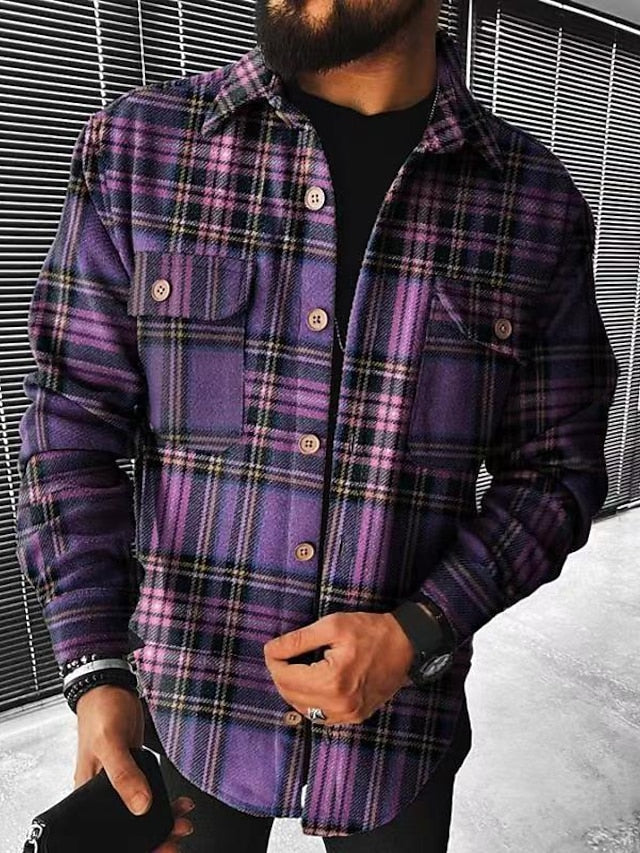Men's Shirt Jacket Shacket Overshirt Black Blue Purple Long Sleeve Plaid / Check Turndown Spring &  Fall Outdoor Street Clothing Apparel