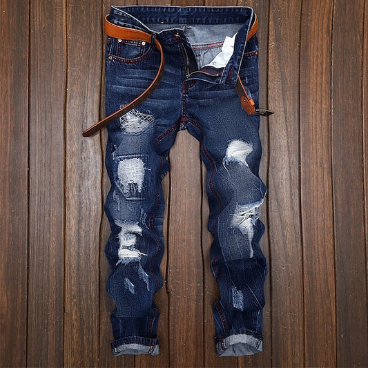 Men's Jeans Trousers Dark Wash Jeans Distressed Jeans Ripped Jeans Pocket Ripped Gradient Full Length Casual Daily Cotton Denim Vintage Streetwear Slim Deep Blue Micro-elastic