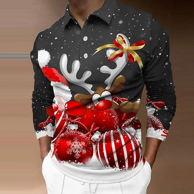 Men's Polo Shirt Golf Shirt Santa Claus Elk Snowflake Turndown Black Light Green Red Blue Dark Green 3D Print Street Casual Long Sleeve Zipper Print Clothing Apparel Fashion Designer Casual Breathable