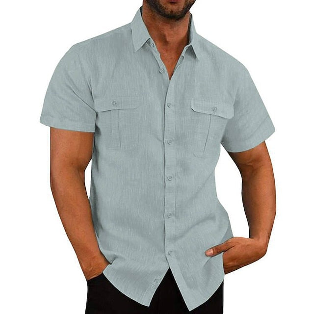 Men's Shirt Linen Shirt Summer Shirt Beach Shirt Black White Navy Blue Short Sleeve Solid Color Turndown Spring Autumn / Fall Daily Hawaiian Clothing Apparel Button-Down