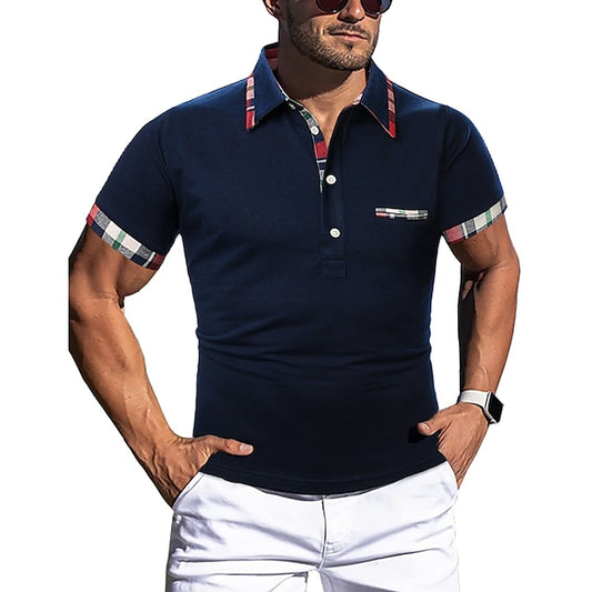 Men's Polo Golf Shirt Business Casual Collar Polo Collar Short Sleeve Simple Basic Solid Color Plaid / Check Patchwork Button Summer Regular Fit Black White Red Navy Blue Blue Green Polo