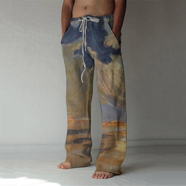 Men's Trousers Summer Pants Baggy Beach Pants Elastic Drawstring Design Front Pocket Straight Leg Graphic Prints Landscape Comfort Soft Casual Daily For Vacation Fashion Streetwear Pink Blue