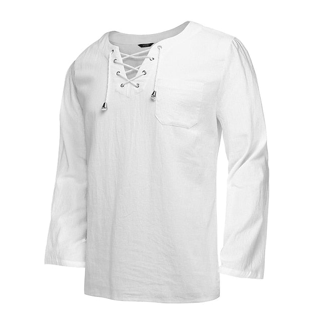 Men's Linen Shirt Summer Shirt Casual Shirt Beach Shirt White Navy Blue Gray Long Sleeve Solid Color V Neck Summer Spring Outdoor Street Clothing Apparel Drawstring