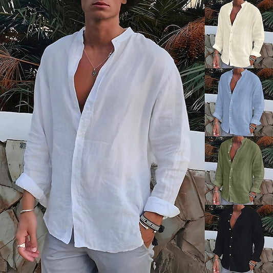 Men's Linen Shirt Shirt Summer Shirt Beach Shirt Black White Navy Blue Long Sleeve Plain Turndown Spring &  Fall Outdoor Street Clothing Apparel