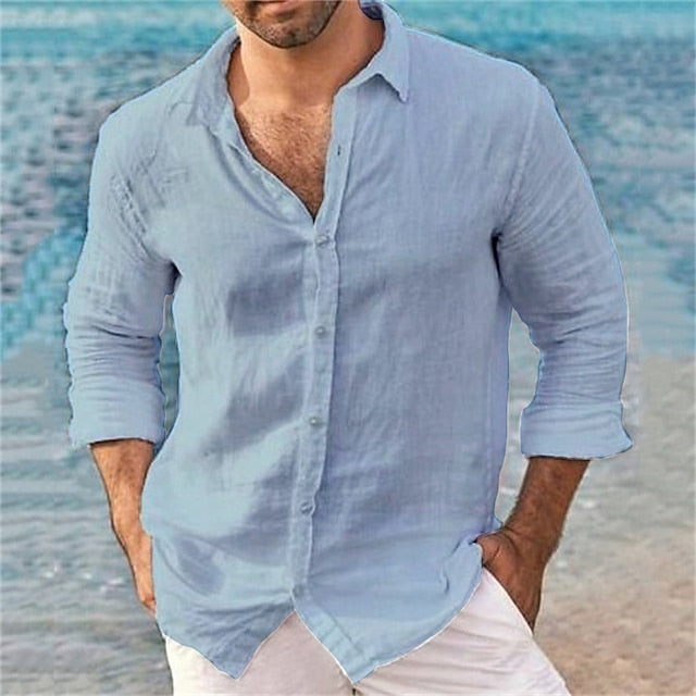 Men's Summer Shirt Beach Shirt White Blue Khaki Long Sleeve Plain Turndown Spring &  Fall Casual Daily Clothing Apparel Button-Down