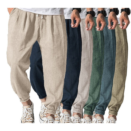 Men's Joggers Linen Pants Trousers Summer Pants Drawstring Elastic Waist Plain Comfort Breathable Daily Beach Linen / Cotton Blend Fashion Streetwear turmeric Black Micro-elastic