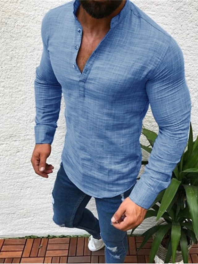 Men's Linen Shirt Summer Shirt Beach Shirt Black White Blue Long Sleeve Solid Color Collar Daily Hawaiian Clothing Apparel