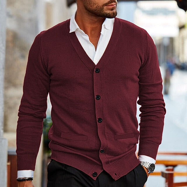 Men's Sweater Cardigan Sweater Ribbed Knit Cropped Knitted V Neck Clothing Apparel Fall Winter Black Wine S M L