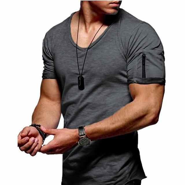 Men's T shirt Tee Tee Plain V Neck Normal Short Sleeve Zipper Clothing Apparel Muscle Esencial