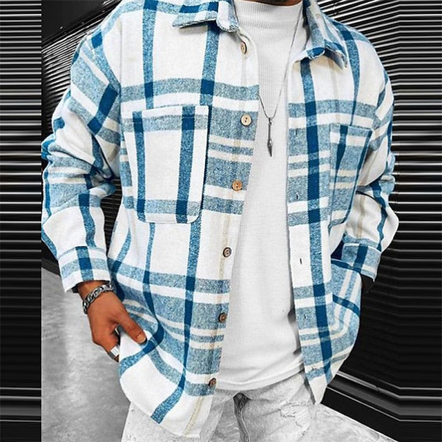 Men's Shirt Flannel Shirt Shirt Jacket Shacket Purple Blue / White Gray Long Sleeve Plaid / Check Turndown Spring &  Fall Street Daily Clothing Apparel Button-Down