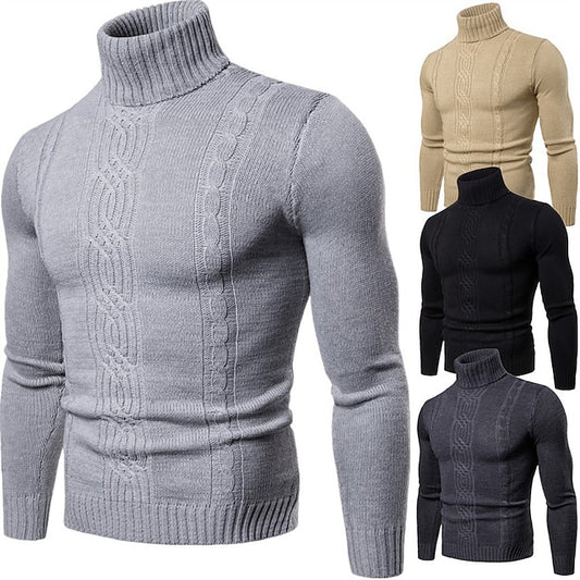 Men's Sweater Pullover Sweater Jumper Turtleneck Sweater Ribbed Cable Knit Cropped Knitted Solid Color Turtleneck Stylish Basic Outdoor Daily Clothing Apparel Fall Winter Black Khaki M L XL