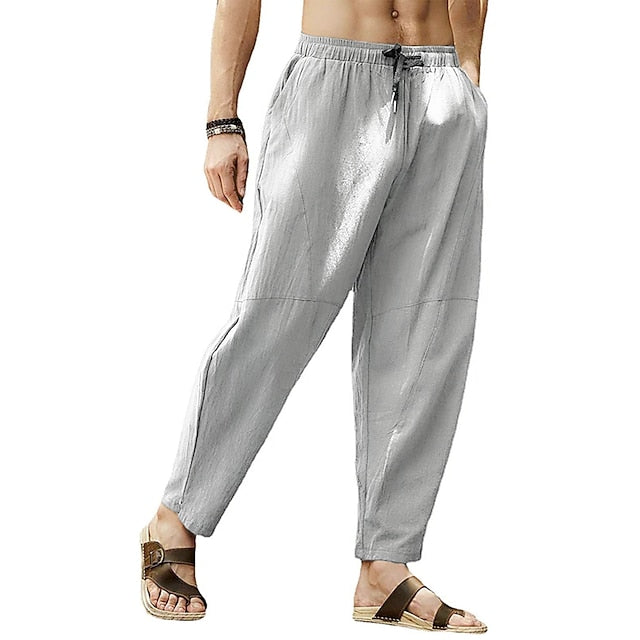 Men's Linen Pants Summer Pants Pocket Drawstring Plain Casual Daily Yoga Cotton Blend Basic Classic Black White