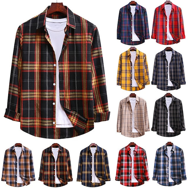 Men's Flannel Shirt Black / Red Black / Gray Black Long Sleeve Plaid / Check Turndown Spring &  Fall Street Daily Clothing Apparel Button-Down